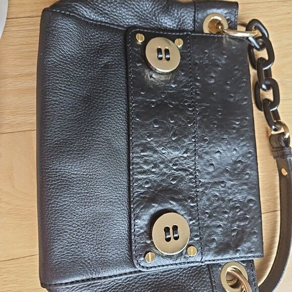 Milly Black Leather w/Ostrich Accent Bag chain link‎ Strap, Goldtone Medium - Picture 4 of 10